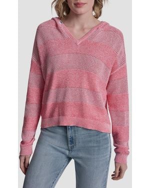 DKNY Pointelle Stripe Hooded Sweater - Red