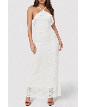 Bebe Lace Ruffle Halter Maxi Dress - White