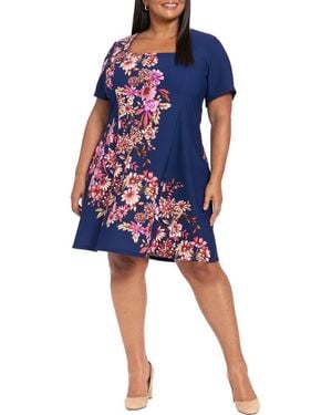 London Times Floral Short Sleeve Fit & Flare Dress - Blue