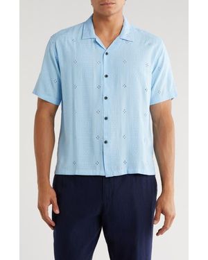 T.R. Premium Boxy Fit Floral Eyelet Embroidered Camp Shirt - Blue