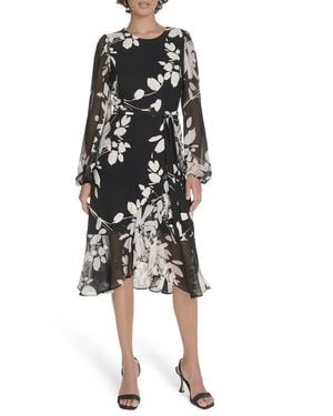 Tommy Hilfiger Floral Long Sleeve Ruffle Mixed Media Midi Dress - Black