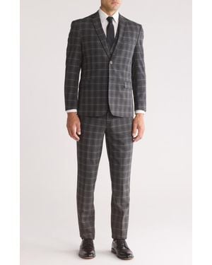 Gino Vitale Slim Fit Stretch Windowpane Three-Piece Suit - Gray