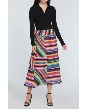 Tahari The Maeve Mixed Media Long Sleeve Midi Dress - White