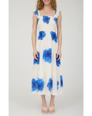 AUGUST SKY Ruffle Strap Smocked Midi Dress - Blue