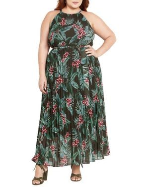 City Chic Rebecca Orchid Print Halter Neck Pleated Chiffon Maxi Dress - Green