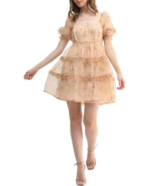 Lush Floral Tiered Mesh Dress - Natural