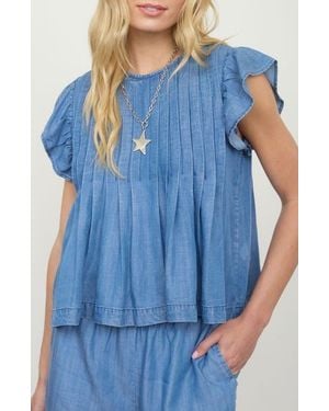Blu Pepper Ruffle Cap Sleeve Chambray Babydoll Top - Blue