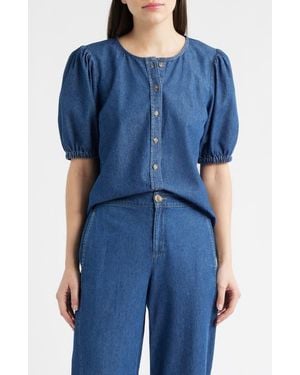 Anne Klein Puff Sleeve Denim Button-Up Shirt - Blue