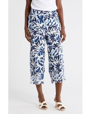 Nicole Miller Embroidered Eyelet Hem Wide Leg Pull-On Pants - Blue