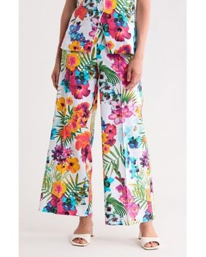 Nicole Miller Tropical Floral Print Wide Leg Pants - Blue