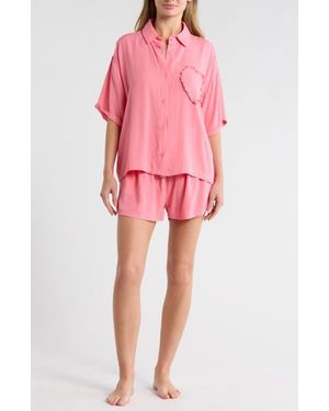 Betsey Johnson Heart Patch Cabana Button-Up Shirt & Shorts Cover-Up Set - Pink