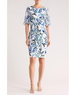 Connected Apparel Flutter Sleeve Faux Wrap Minidress - Blue