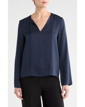 Theory Tie Neck Long Sleeve Silk Georgette Top - Blue