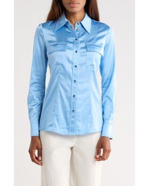 Diane von Furstenberg Toni Long Sleeve Snap Front Satin Shirt - Blue