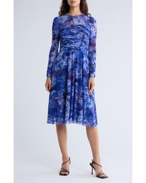 Eliza J Shirred Long Sleeve Dress - Blue