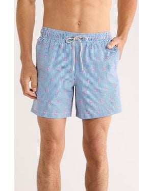 Rainforest Flamingo Stripe Seersucker Swim Trunks - Blue