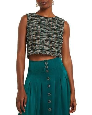 Misook Metallic Fringe Crop Tweed Tank - Green