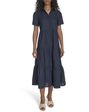 Calvin Klein Short Sleeve Cotton Tiered Maxi Dress in Black | Lyst