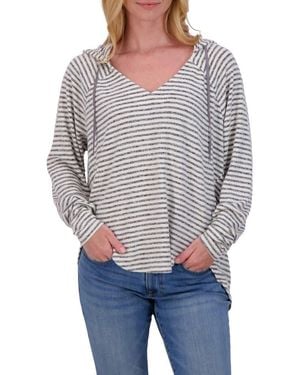 Lucky Brand Stripe V-Neck Hoodie - Gray