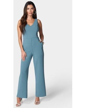 Bebe V-Neck Scuba Jumpsuit - Blue