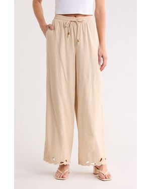 Ellen Tracy Embroidered Eyelet Hem Wide Leg Pull-On Pants - Natural
