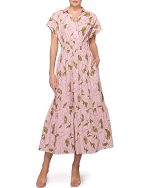 MELLODAY Short Sleeve Poplin Tiered Midi Dress - Pink