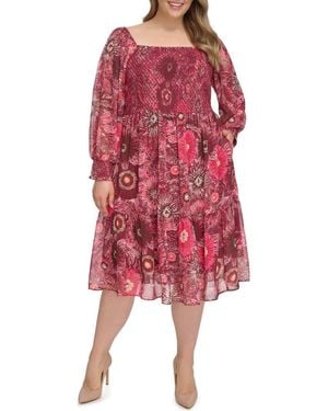 Vince Camuto Floral Long Sleeve Smocked Chiffon Fit & Flare Dress - Red