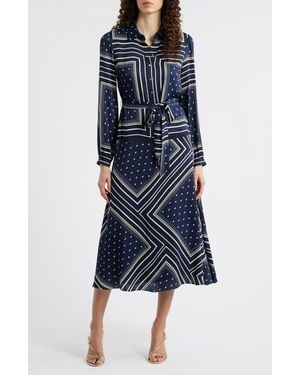Tahari The Hollie Long Sleeve Silk Blend Midi Shirtdress - Blue