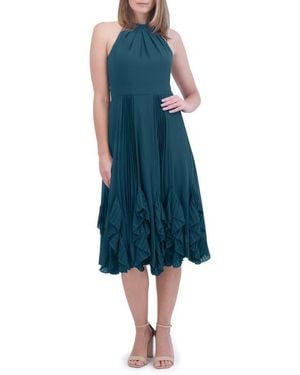 Eliza J Halter Pleated Ruffle Trim Dress - Blue