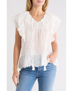 Forgotten Grace Eyelet Ruffled Sleeve Top - White