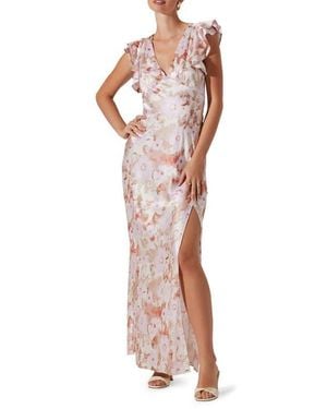 Astr Floral Flutter Sleeve Satin Maxi Dress - Multicolor