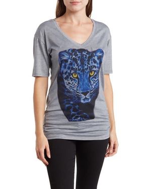 Go Couture Deep V-Neck Art Print T-Shirt - Blue