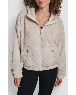 DKNY Faux Shearling & Diamond Quilted Hooded Jacket - Gray