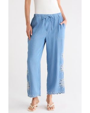 Tahari Embroidered Eyelet Chambray Pants - Blue