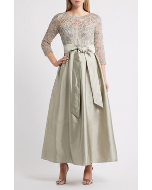 Pisarro Nights Beaded Illusion Neck Taffeta Cocktail Dress - Natural
