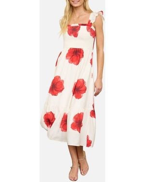 AUGUST SKY Ruffle Strap Smocked Midi Dress - Red