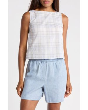 Theory Plaid Cotton Madras Bateau Neck Shell - Blue