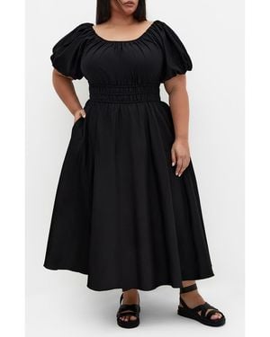 City Chic Lillian Puff Sleeve Cotton Midi Dress - Black