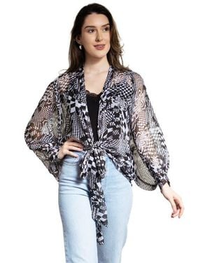 Saachi Geometric Floral Sheer Tie Front Short Duster - Black