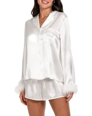 In Bloom Zayla Feather Trim Satin Short Pajamas - White