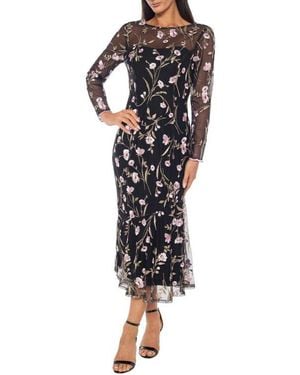 Marina Long Sleeve Floral Embroidered Midi Cocktail Dress - Black