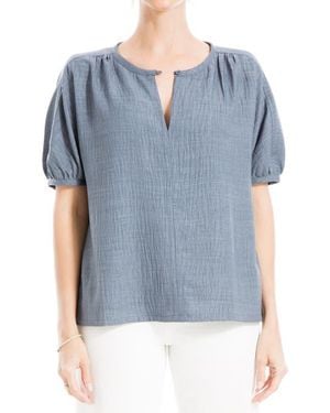 Max Studio Short Sleeve Split Neck Blouse - Blue