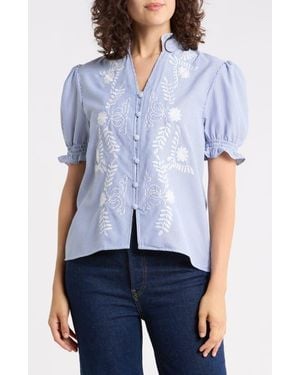 Forgotten Grace Embroidered Striped Short Sleeve Shirt - Blue