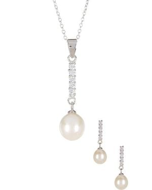 Splendid Dangling Cz & 8-9Mm Pearl Necklace & Earrings Set - Metallic