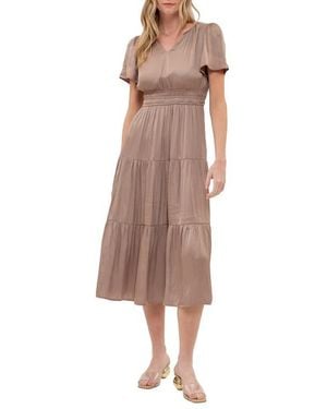 AUGUST SKY Short Sleeve Empire Waist Midi Dress - Brown