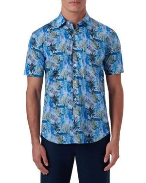 Bugatchi Shaped Fit Print Stretch Cotton Short Sleeve Button-Up Shirt - Blue