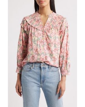 Wit & Wisdom Floral Print Smocked Yoke Button-Up Top - Red