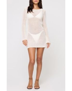 LSPACE Cleo Open Stitch Long Sleeve Cover-Up Minidress - White