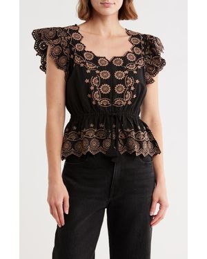 Democracy Embroidered Peplum Ruffle Sleeve Top - Black