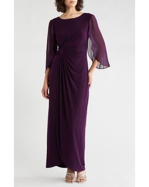 Connected Apparel Cape Sleeve Faux Wrap Gown - Purple